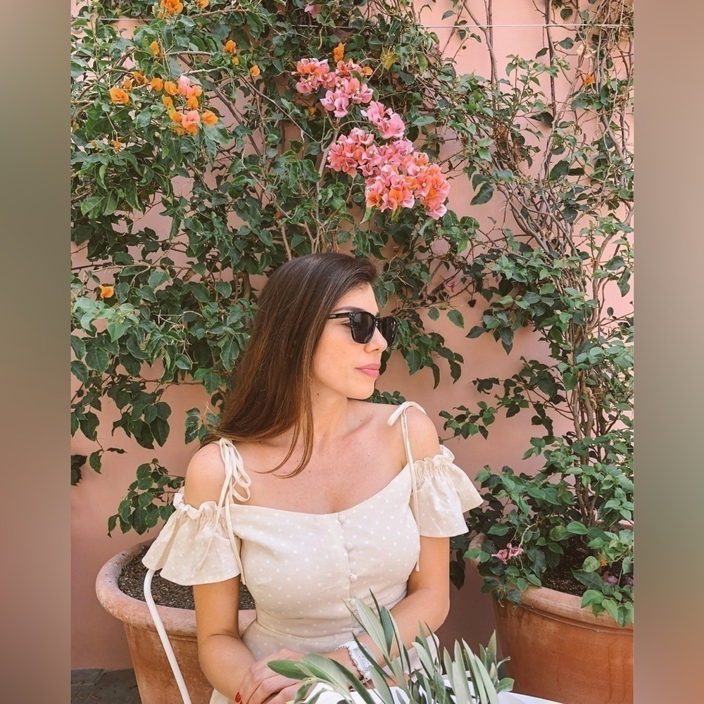 Gal Meets Glam Colleen Polka Dot Off The Shoulder Dress in Ecru 8 Linen